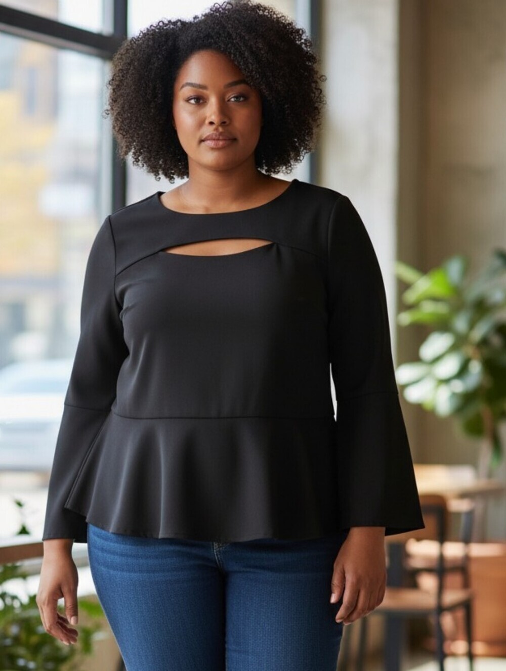 Eloquii Peplum Blouse  Black Stretch Ponte Open Front  Long Sleeve Size 14